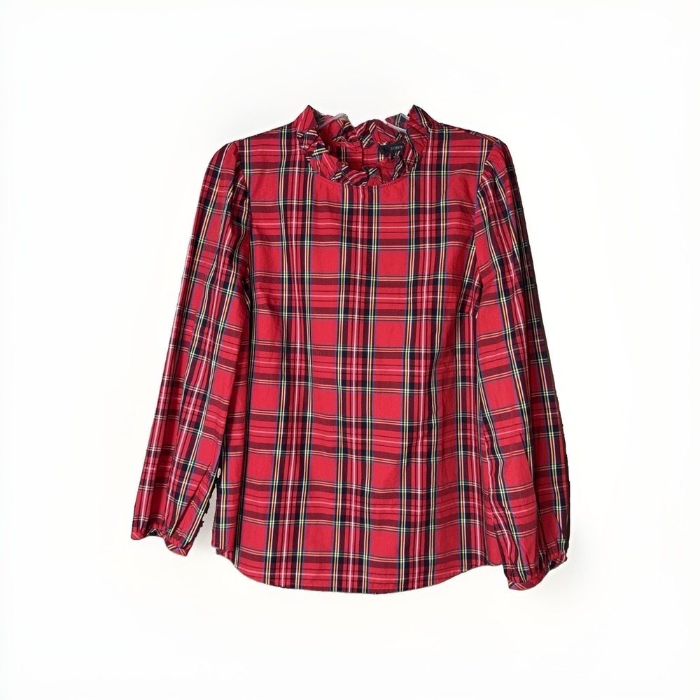 J Crew Red Tartan Plaid Ruffle Neck Blouse Size Medium NWT Long Sleeve